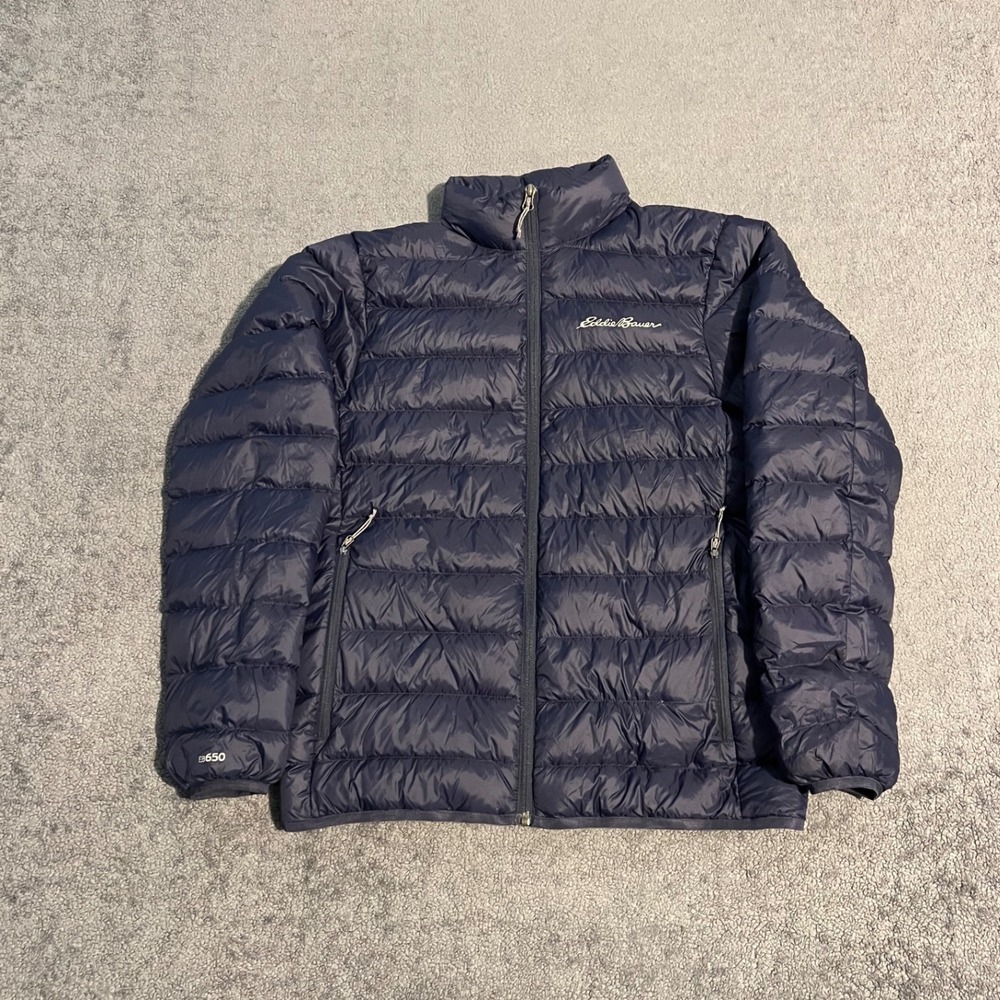 Eddie Bauer EB650 Mens Navy Blue Down Puffer Jacket Size S Full Zip Quilted